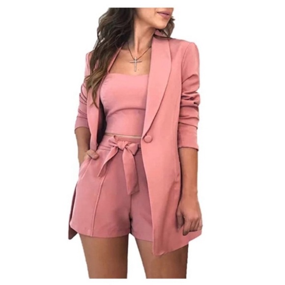 Jackets & Blazers - Sexy Bussiness Outfits 3 Piece Open Front Button Blazers + CropTops+Belted Short